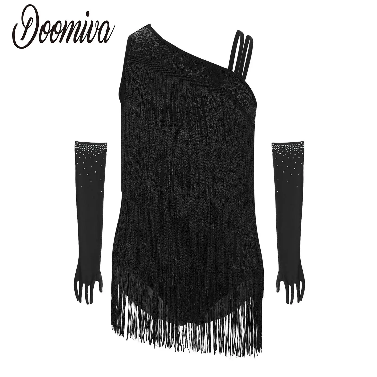

Girls Fringed Dance Leotards Figure Skating Rhythmic Gymnastic Dancewear Asymmetrical Rhinestones Tassel Leotard Bodysuit Dress