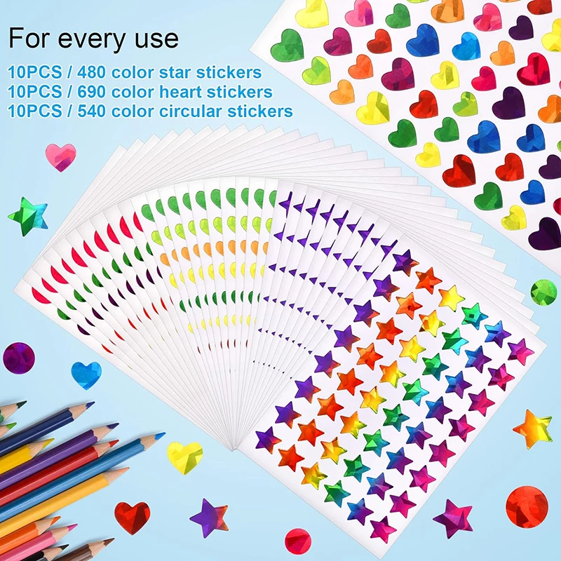 Small Stars Dot Hearts Stickers for Kids Reward Sparkly Holographic Glitter Foil Stickers Behavior Reward Chart DIY Decoration