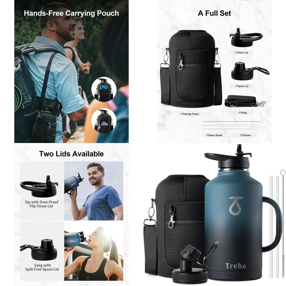 

Insulated 64oz Stainless Steel Water Jug with Handle, Large Travel Bottle, Spout Lid, Carry Pouch, Keeps Beverages Cold or Hot,