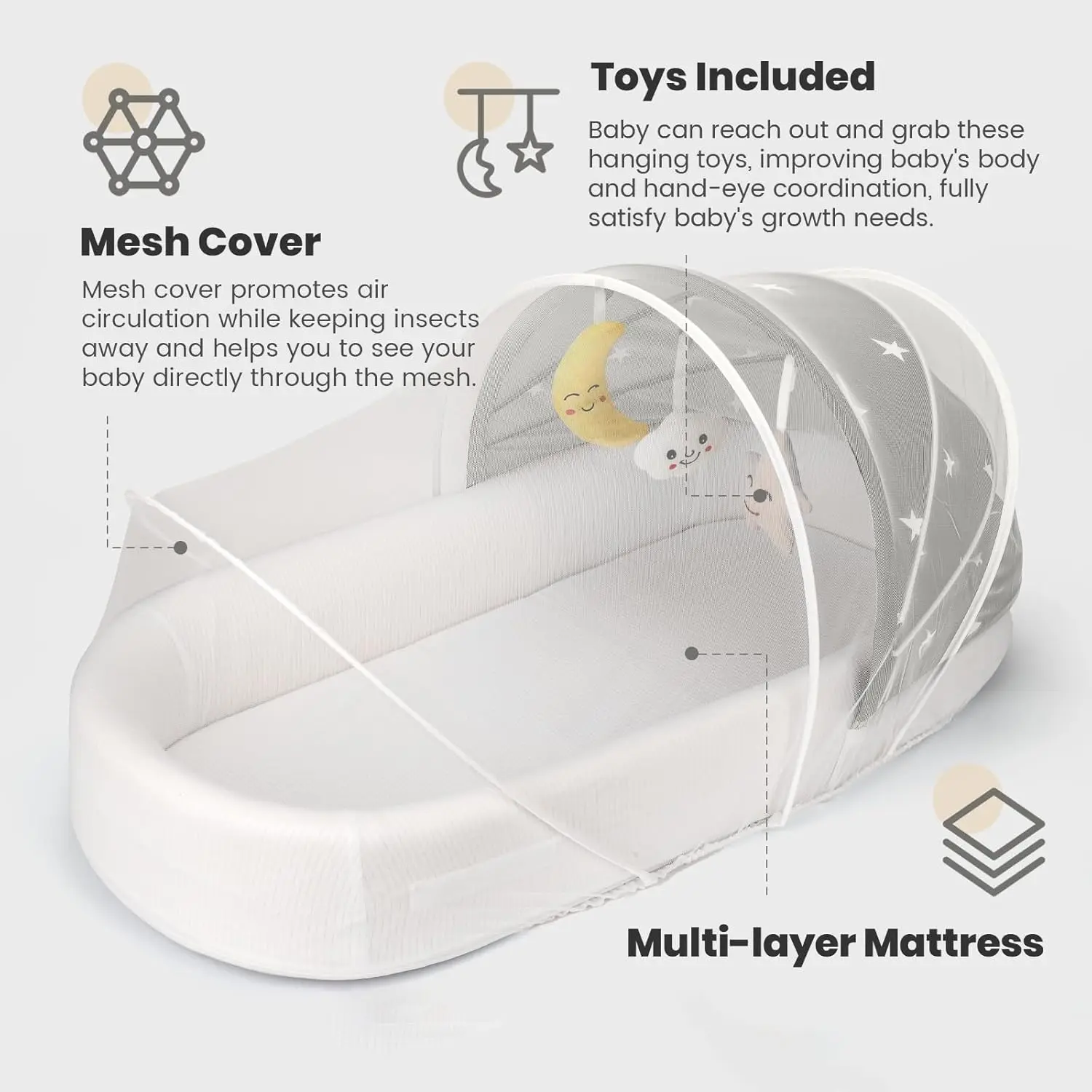 Culla da viaggio pieghevole per neonati e neonati - Dormiente portatile leggero con zanzariera, grigio