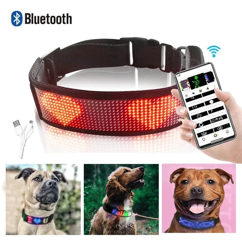 LED Luminous Pet Collar Adjustable Waterproof Light Up Safety Dog Accessories Collar Programmable App Bluetooth USB Rechargeable