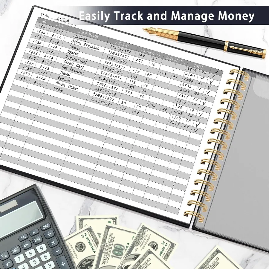 中小企業の会計管理用ハードカバー会計帳簿：2つの収納ポーチ付きの横型お金支出追跡ノート
