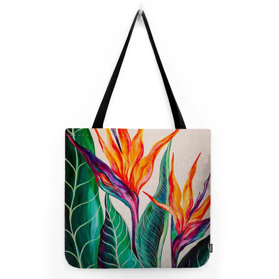 Green Tropical Plant Canna Palm Leaves Flower Water Resistant Cotton Linen Shoulder Tote Bag Carrying Shopper Grocery Bag