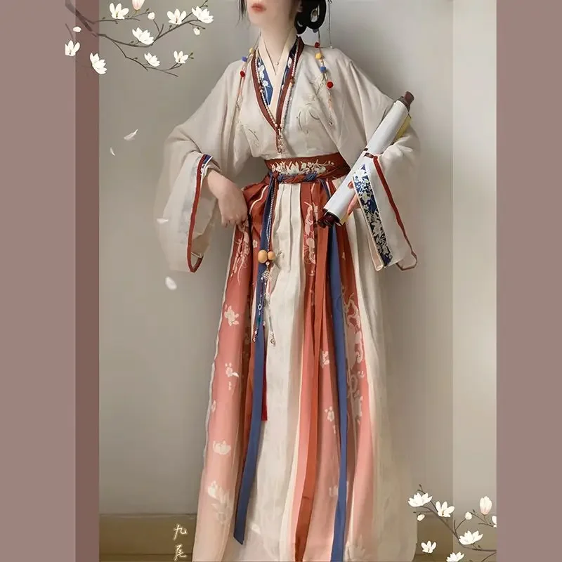 중국 위진 스타일 데일리 한푸 세트, 절묘한 꽃 자수 그라데이션 거즈 원피스 기질 허리 조임 원피스, 2024 신제품
