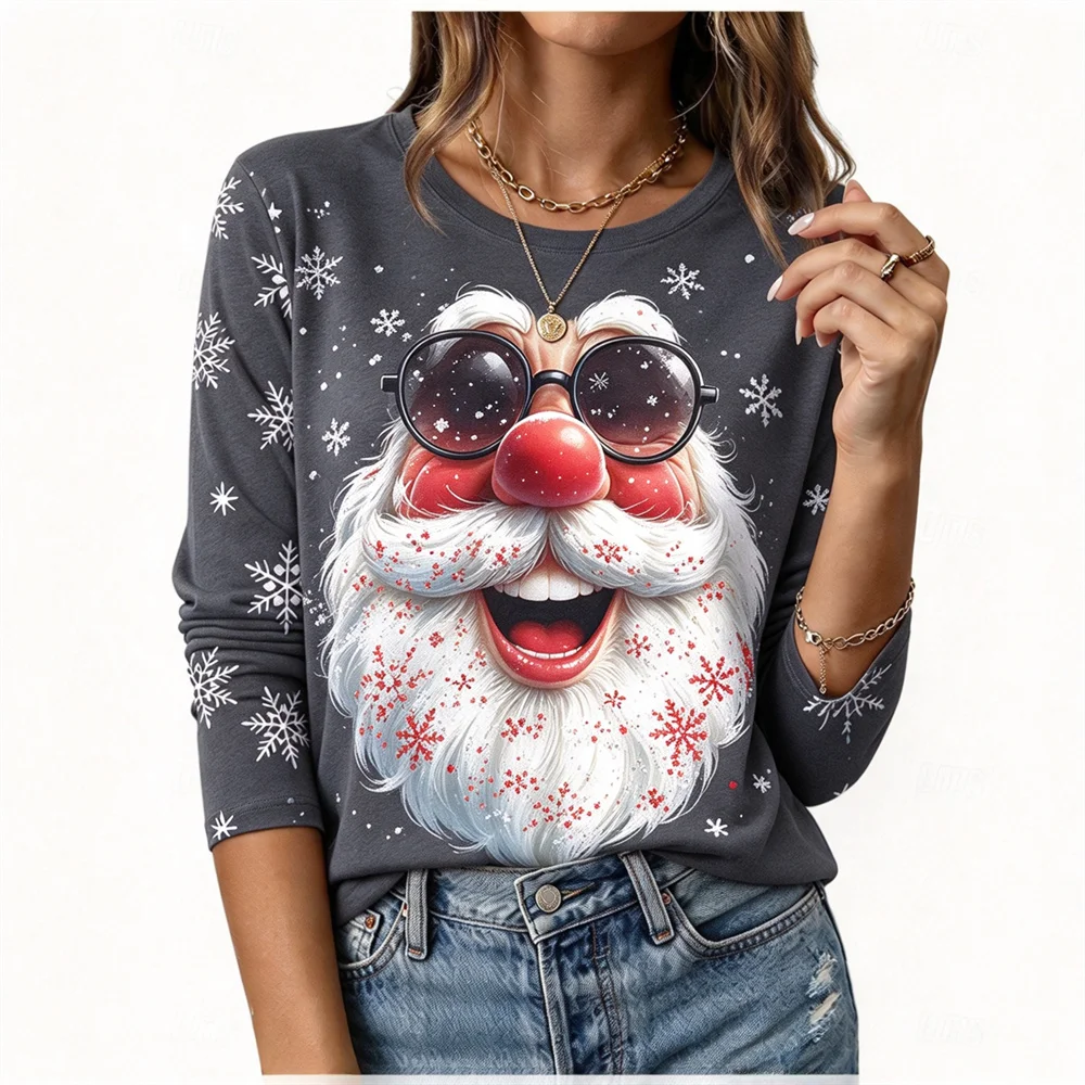 Fun Santa Claus T-shirt Autumn/Winter Women's Christmas Long sleeved T-shirt Cotton Women Christmas Holiday Party Graphic Tshirt