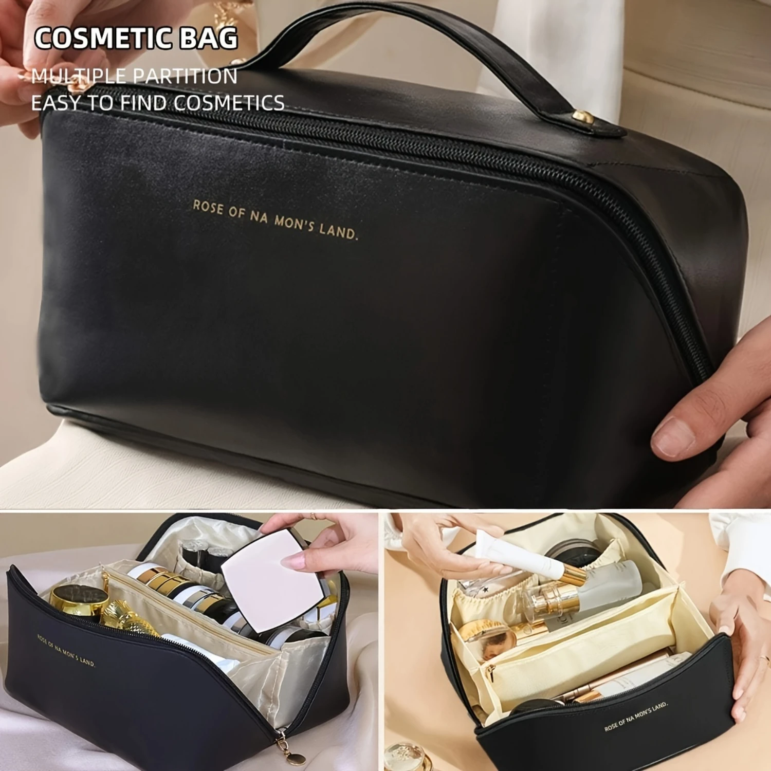 Large Capacity Makeup Bag, Multi-Layered With Dividers, Portable Zippered Pouch, PU Leather, Waterproof, Multifunctional Travel 