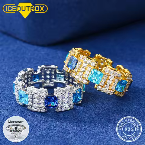 New Exquisite Gradient Blue Rings for Men Women 100% 925 Silver GRA Certified Full Moissanite Diamond Hip Hop Band Ring Jewelry