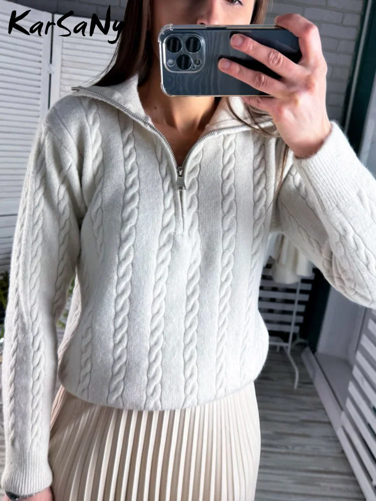 KarSaNy Half Zipper Knitted Pullovers Women Vintage Sweaters Casual Tops Ladies Spring Fried Dough Twists Sweaters For Women