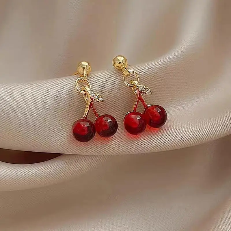 Pendientes de tuerca de hoja de cereza de circón rojo para mujer, joyería de Piercing para fiesta de moda, regalos de boda de cumpleaños