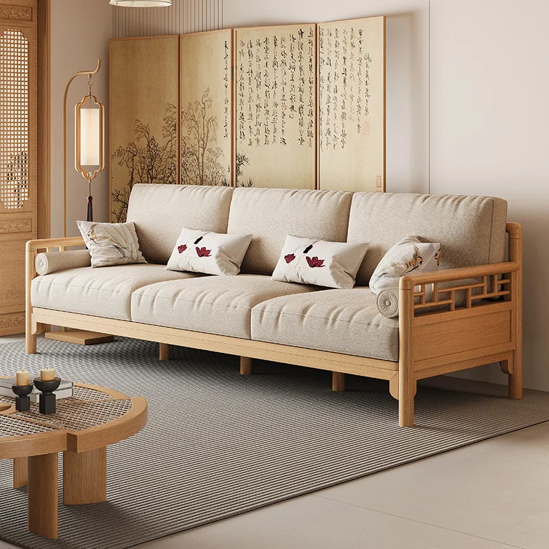 

Solid wood sofa small apartment three-seater inline teahouse booth new Chinese wooden hard sofa