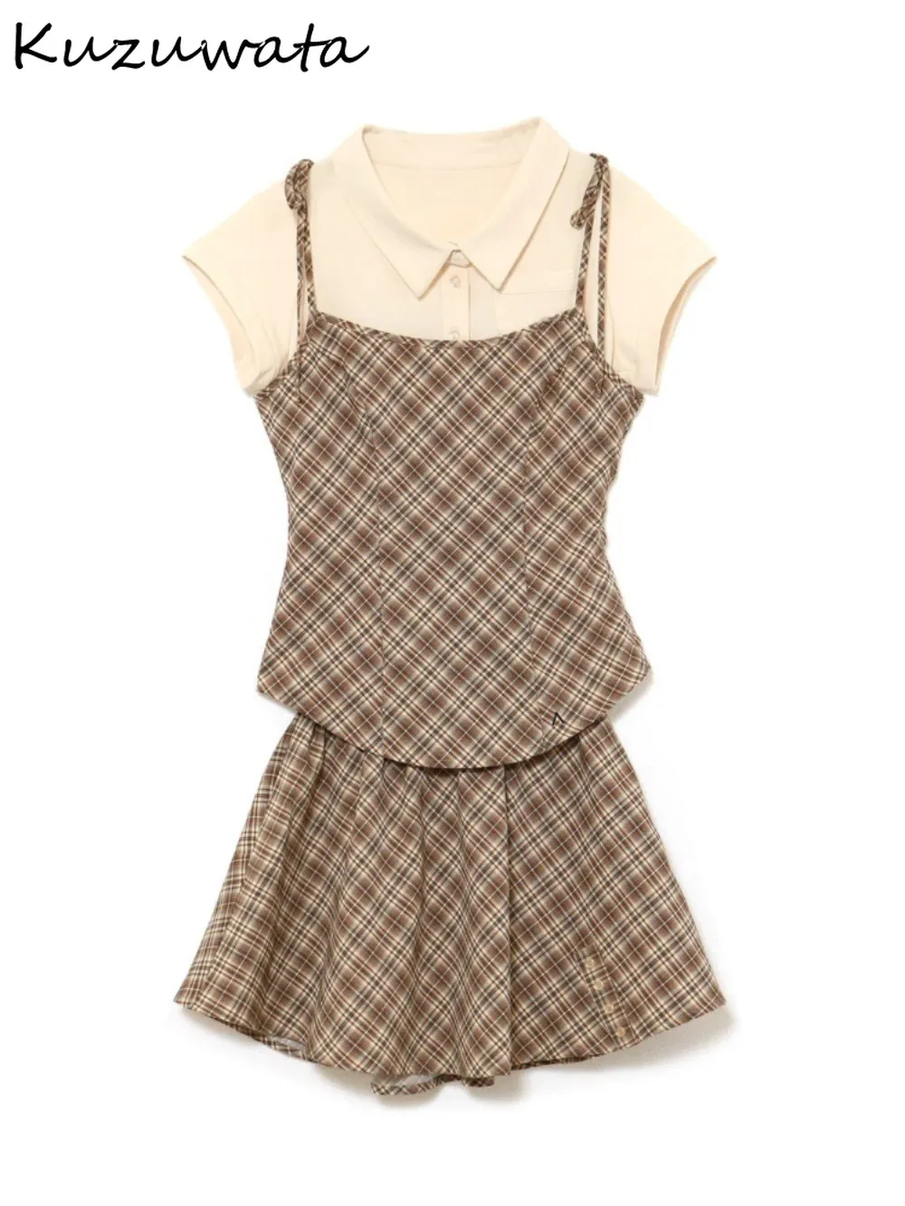 

Kuzuwata Casual Fold Through Plaid Sling Suit Shirt High Waist Pleated All-match Women Faldas Japan Student Moda Preppy Skirts