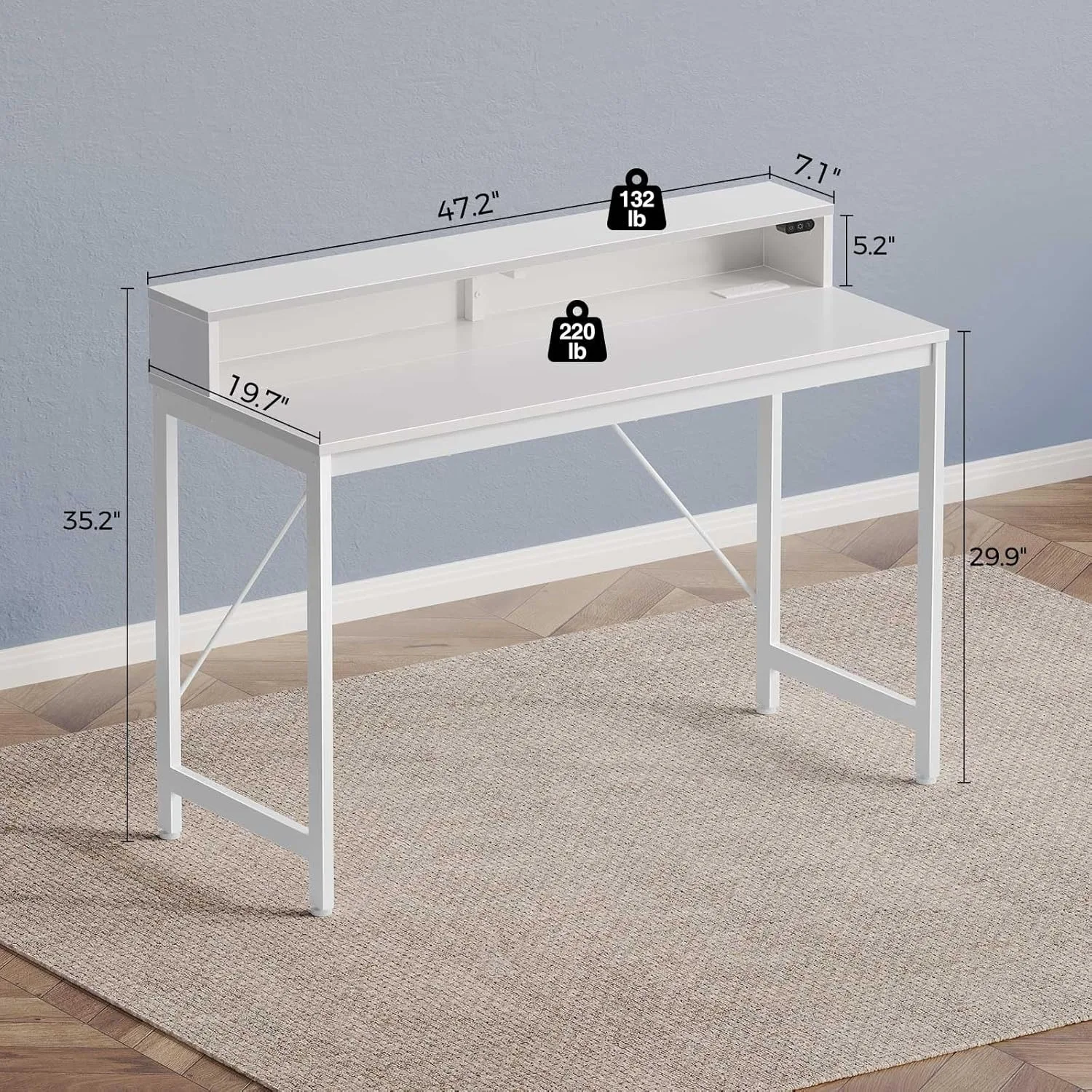 Computer Desk 47 inch with LED Lights & Power Outlets, Home Office Desk with Monitor Shelf, Gaming Desk, Writing Desk,  White