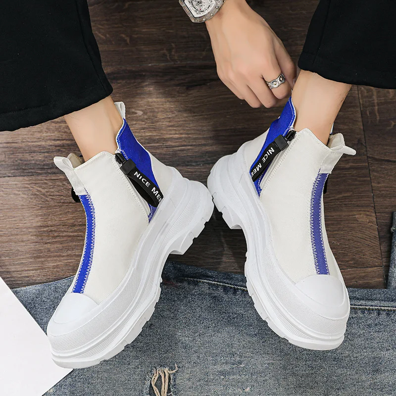 Fashion High-top Thick Soled Boots Shoes for Men Breathable Casual Chelsea Boots Men's Trend Canvass Side Zipper Sneakers Men
