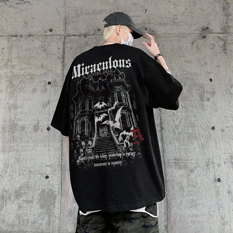 Men Vintage Dark Printed Short Sleeve T Shirt Hip Hop Unique Design Casual Loose Tee Fit Up