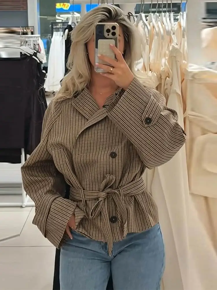 Plaid Windbreaker Grid Jacket Lapel Collar Double Breasted Trench Woman Coat Waist Tie Belt Long Sleeve Short Top Casual Clothes