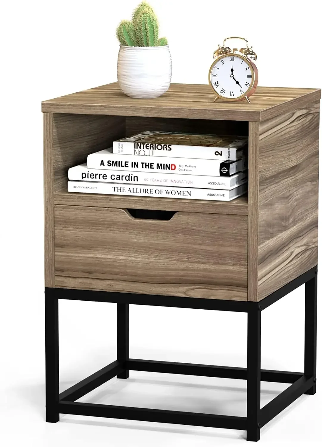 Nightstand with Drawer Wood End Table Night Stand with Open Storage Shelf & Solid Steel Legs, Mid-Century Modern Bedside Table