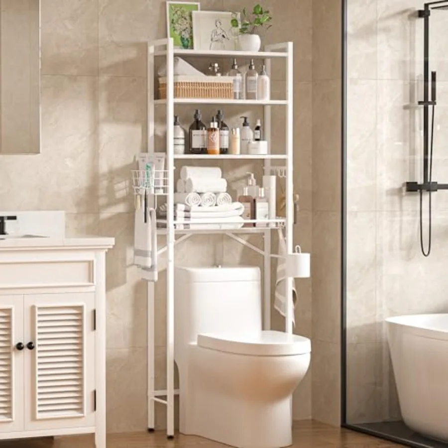 

Over-The-Toilet Storage Rack, 4-Tier Bathroom Organizer Shelf Over Toilet with Adjustable Shelf and Basket, Freestanding Space