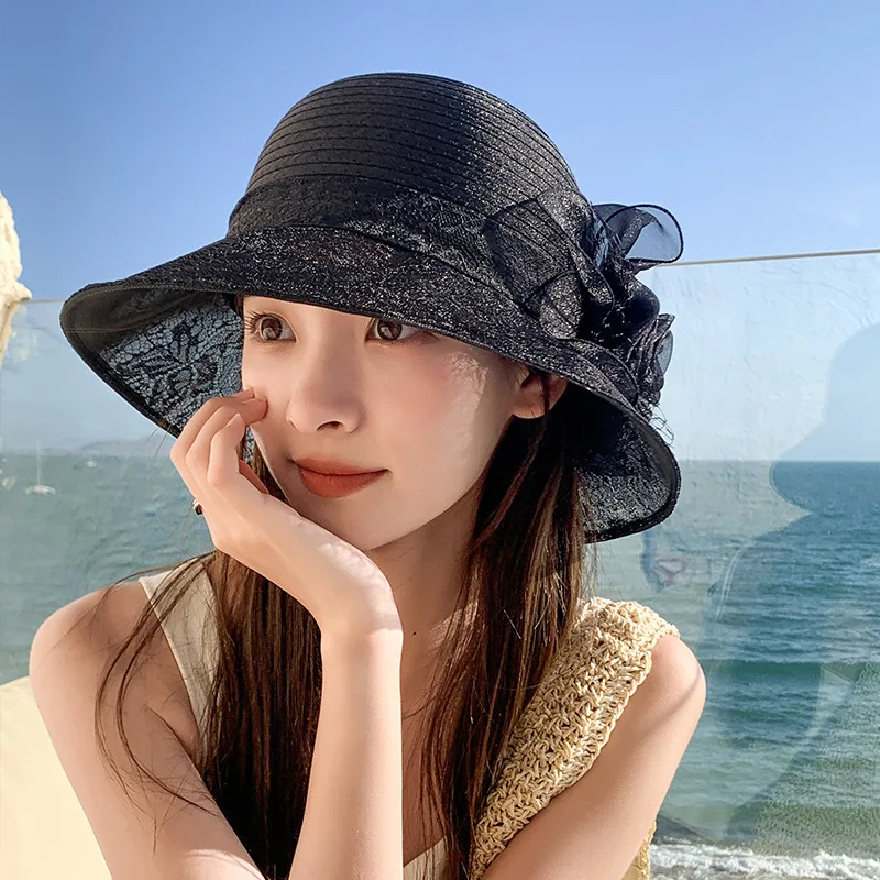 

Summer New Women's Elegant Organza Flower Bucket Hat Outdoor Travel Sun-proof Cool Fisherman Hat Fashion