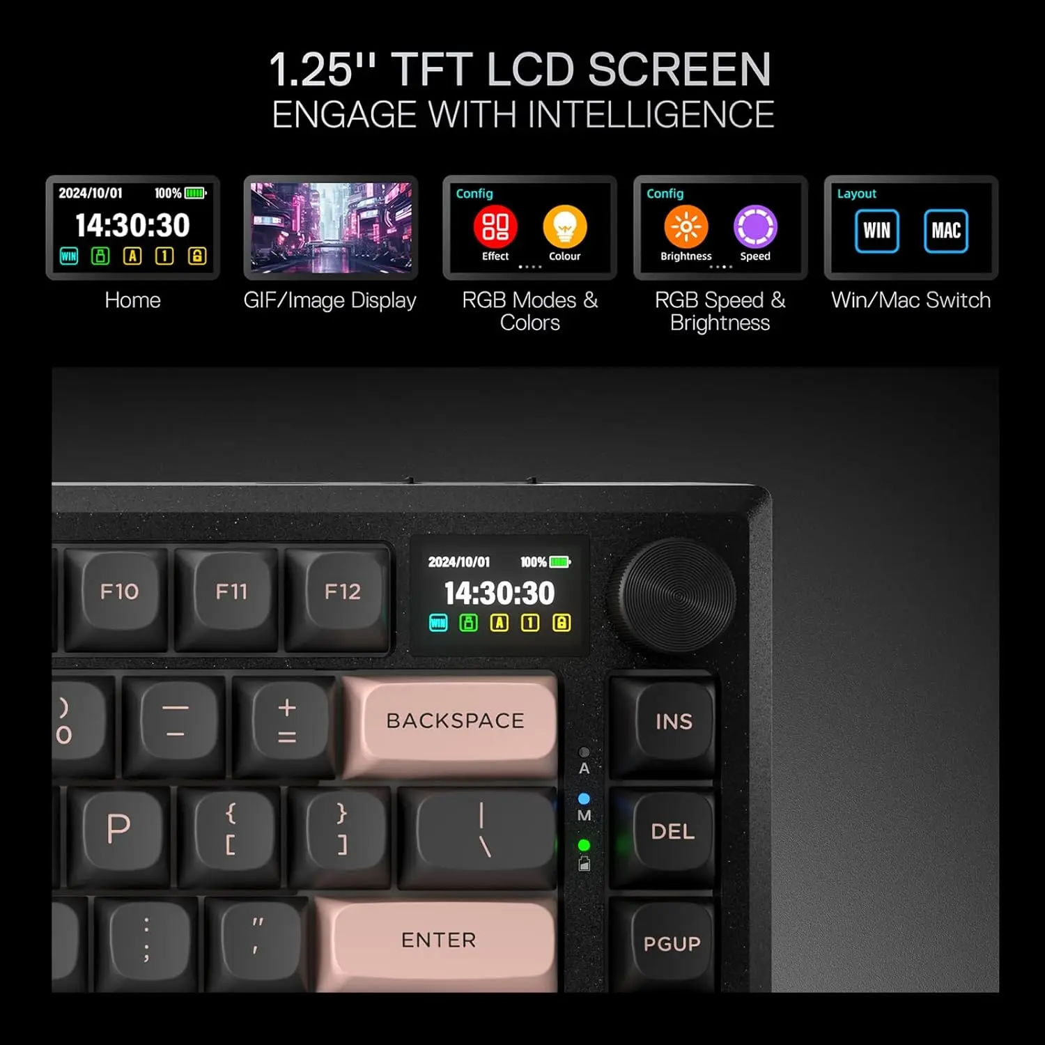 Redragon K720 حشية ألعاب لاسلكية باستخدام الحاسب الآلي 81 مفتاحًا ميكانيكية ذكية 1.14 بوصة TFT عرض معلومات لوحة المفاتيح مفاتيح Litsea