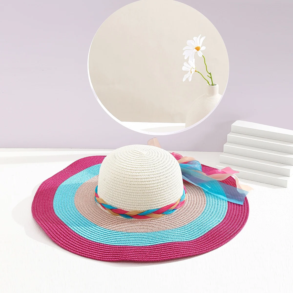 2024 New Women\'s Rainbow Straw Hat with Large Eaves, Beach Sun Protection and Sunshade Straw Hat