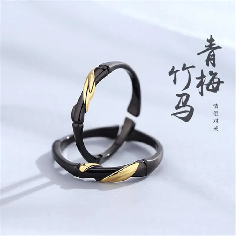 

New Creative Fashion Forest Bamboo 925 Sterling Silver Jewelry Personality Black Ink Bamboo Gold Leaf Couple Opening Rings R065