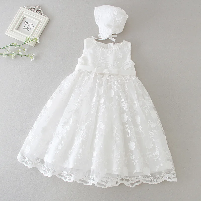 Baby Girl Christening Long Dresses Newborn Baptism Dress for Infant Girls with Hat Voile Embroidery