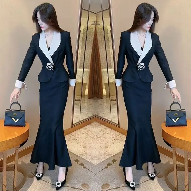 新作高級エレガント秋オフィスレディスーツ レディースファッション 花柄スリムウエストジャケットコート + ラップヒップマーメイドスカート ツーピースセット