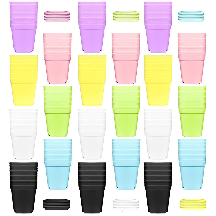 8Pcs Color Stackable Square Plastic Flower Pots with Drainage Trays Succulent Nursery Pots for Home Office Desktop Balcony Decor
