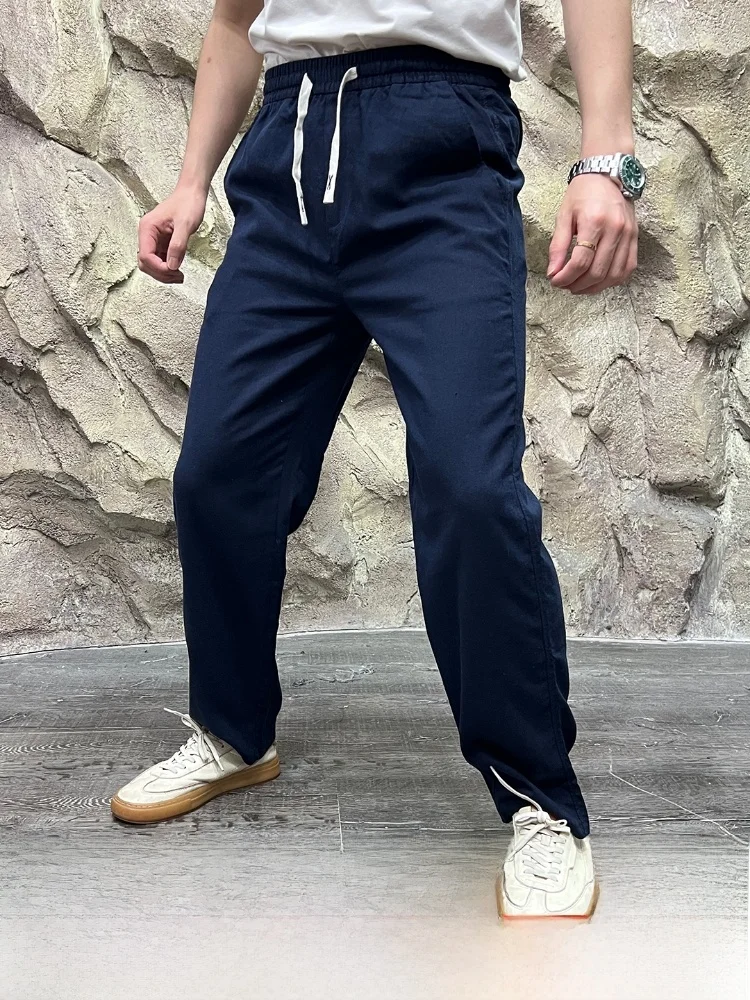 

Мужские повседневные брюки из хлопка и льна, дышащие, длинные брюки с эластичной резинкой на талии, весна-лето, прямые брюки