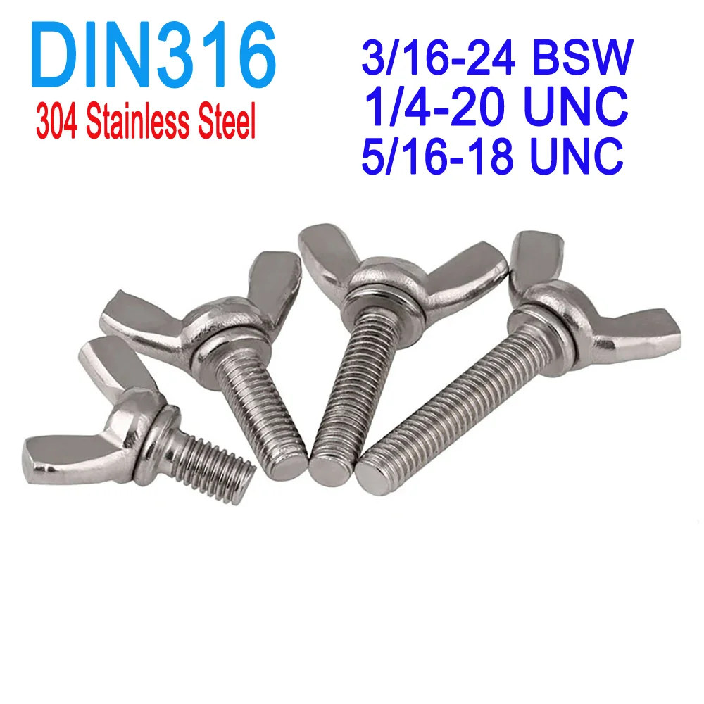 

3/16-24 BSW 1/4-20 5/16-18 UNC DIN316 SUS304 A2 Stainless Steel Wing Screws Hand-Tighten Butterfly Bolts for DIY Projects