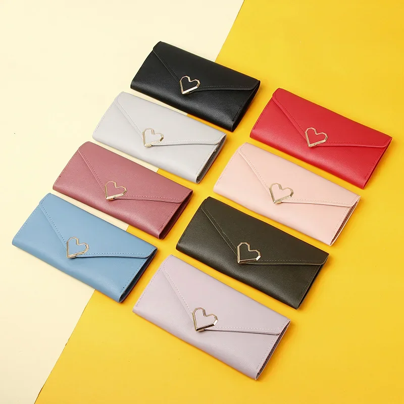 Nueva cartera para mujer con hebilla en forma de corazón, cartera larga triple para mujer, bolso de mano, monedero, bolso para tarjetas de estudiante, tarjetero