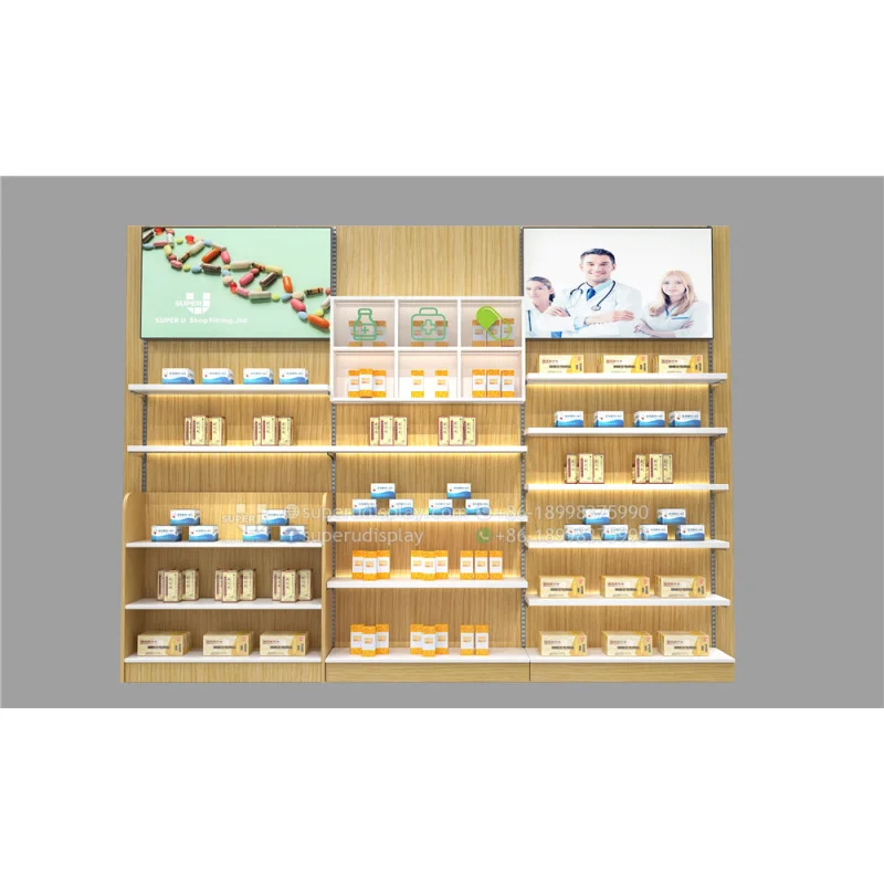 (Op Maat) Apotheek Schappen Display Armaturen Modern Design Medische Winkel Showroom Mdf Vloer Display Apotheek Planken Met Led L