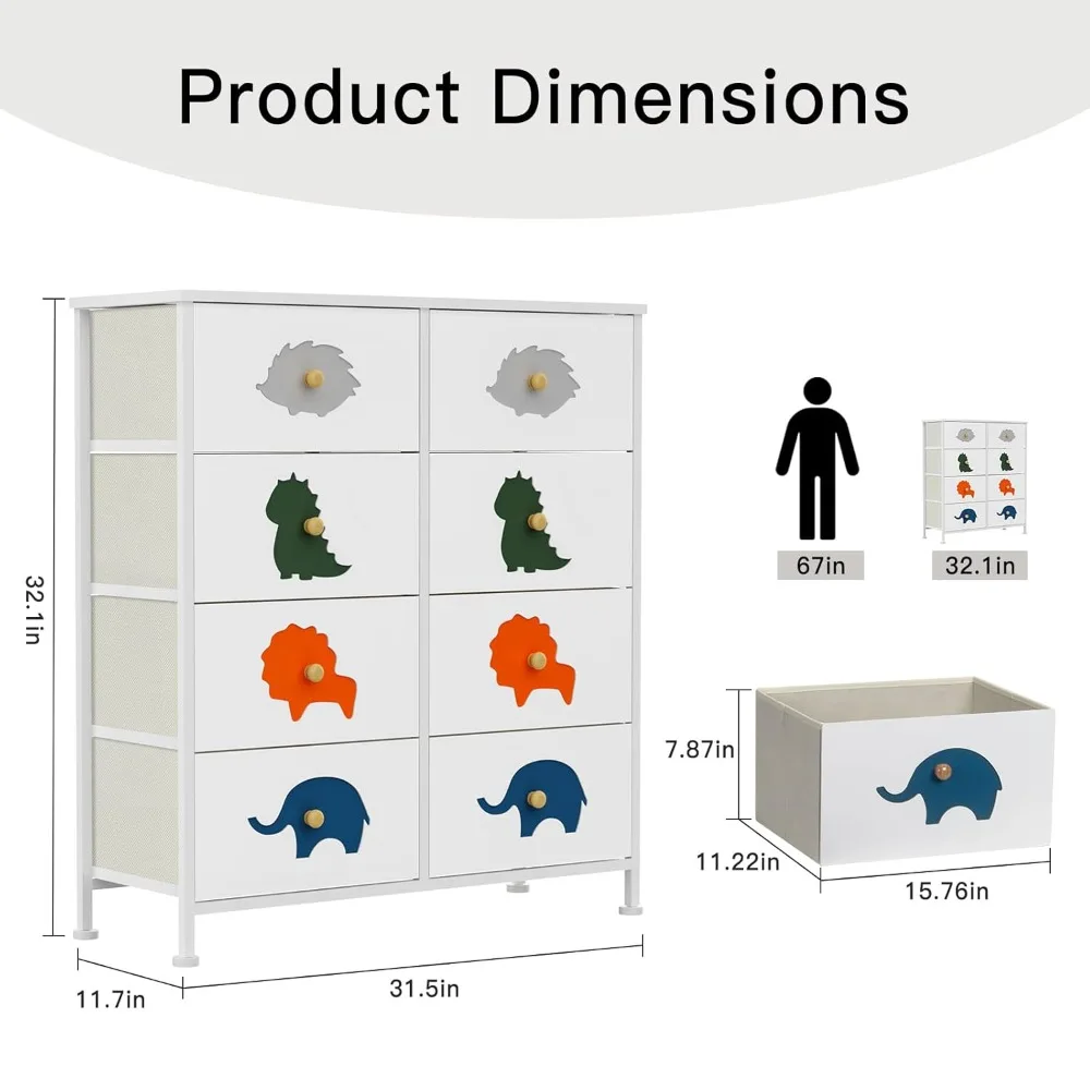 خزانة أطفال من FRAPOW لغرفة النوم، خزانة أطفال مع 8 أدراج قماشية، منظم تخزين طويل القامة للأطفال الصغار مع سطح خشبي معدني #3