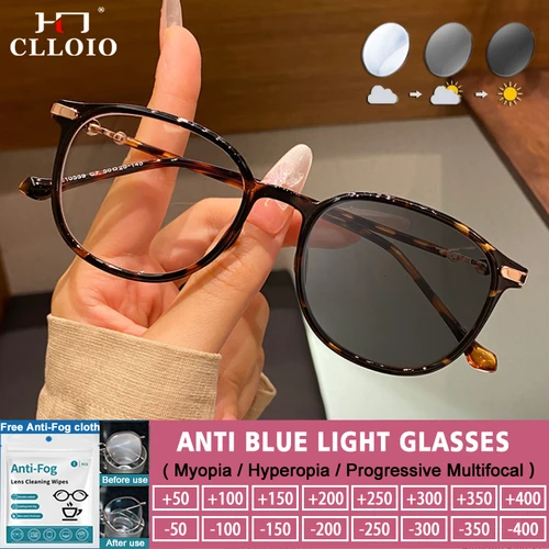 CLLOIO-gafas de lectura simples antiluz azul para mujer, anteojos fotocromáticos redondos a la moda con prescripción multifocal personalizada para miopía