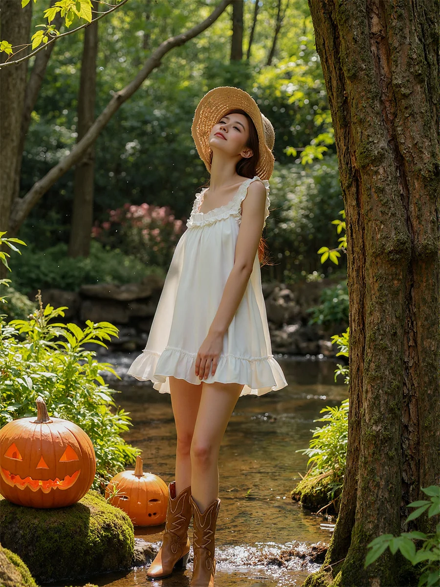 Women's Elegant White Evening Dress Loose Mini Pleated Floral Design Temperament Square Neck Round-Neck All-Match Peplum Shiny