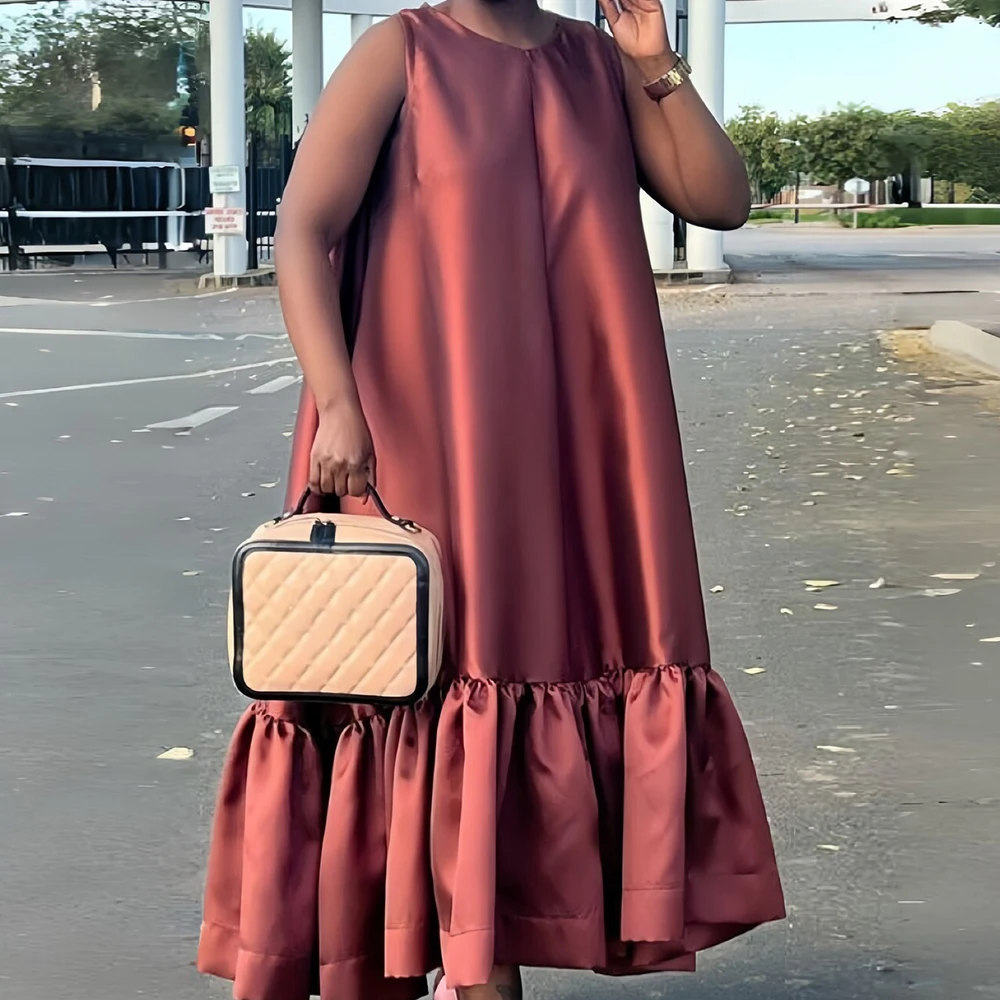 

Plus Size Solid Color Women Dress Elegant Sleeveless Loose A-Line Crew Neck Ruffle Hem Summer Dress Satin Party Evening Dresses