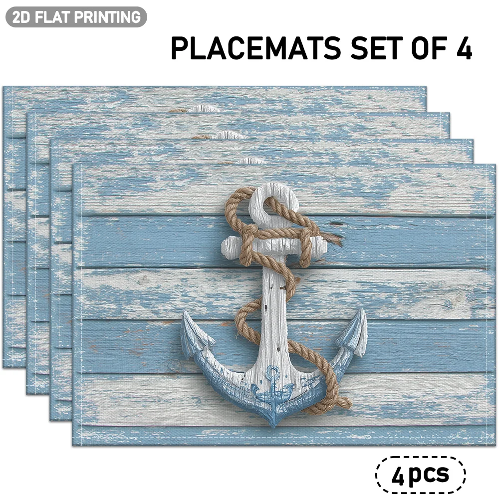 4pcs Blue Wood‑Grain Anchor Placemat Set, Nautical Rope Print, Washable 2D Mats for Daily Kitchen Dining Restaurant Table Decor