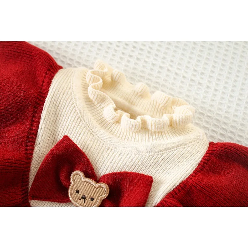 Toddler Girls Big Bow Sweater Dress Autumn Winter Christmas Party Knitted Dress Long Sleeved Cartoon Bear Dress for Girls