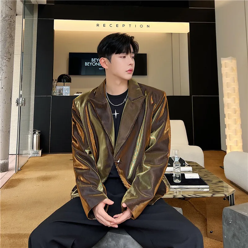 

Весенне-осенний мужской костюм-пиджак ярко-золотистого цвета, для выступлений, приталенный, повседневный, с длинным рукавом, не требует глажки