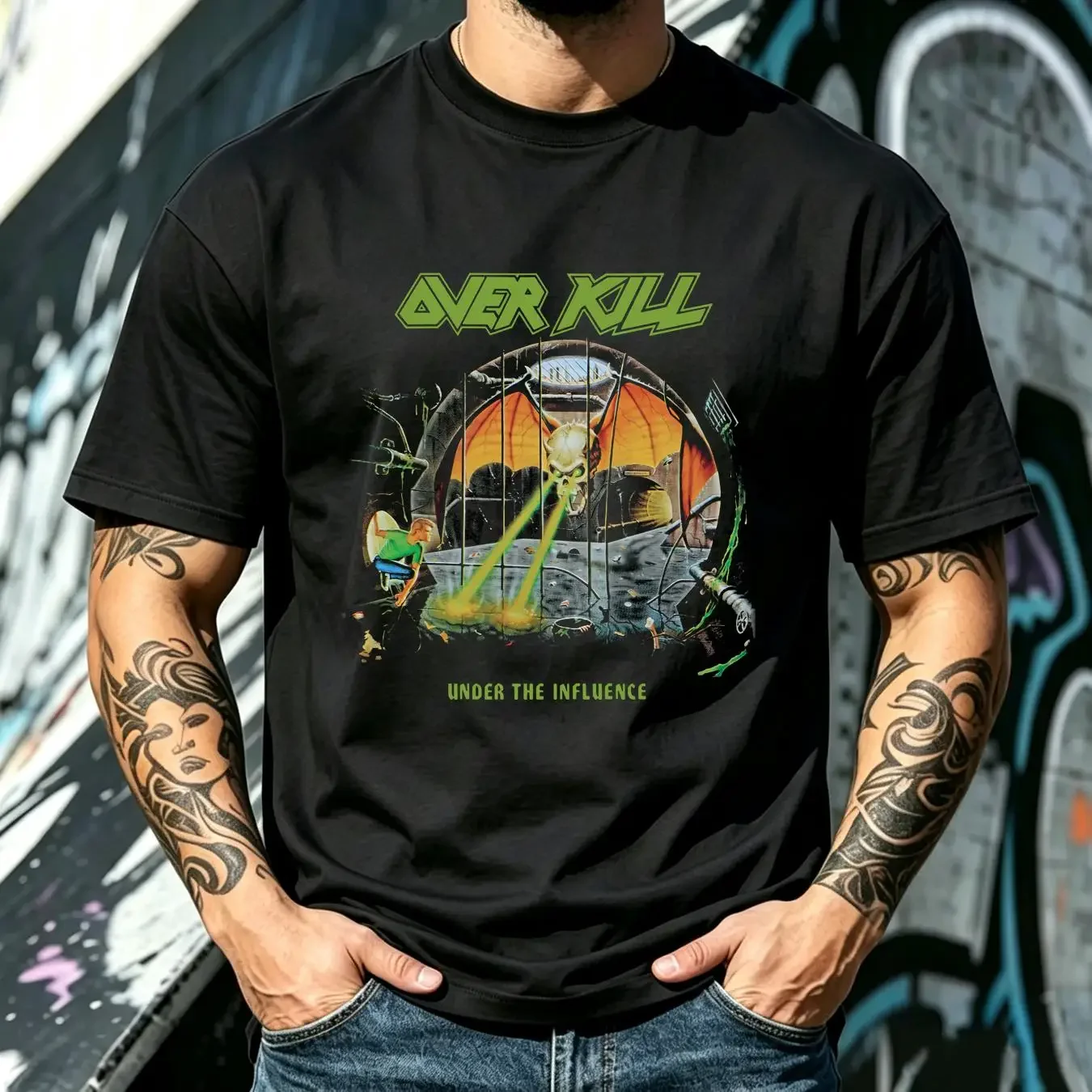 washed T Shirt Overkill Under The Influence Heavy Cotton Black S 234XL 1A1150 long or short sleeves vintage Washed homme Casual