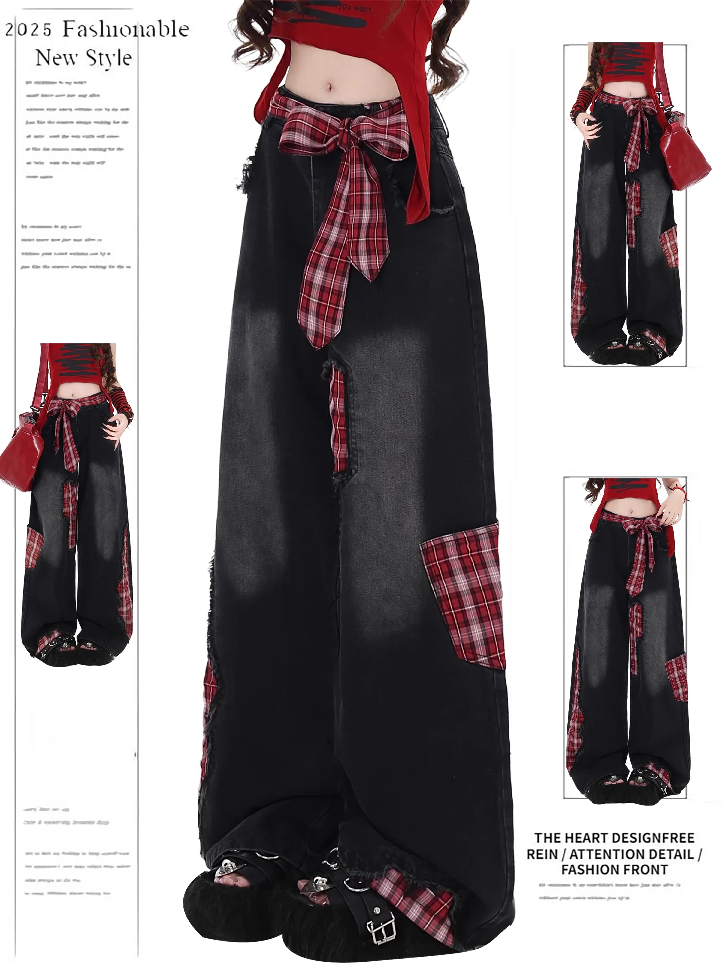 

American Sle Loose Wide Leg Plaid Denim Pants Women's Spring Autumn Design Sense Bla Knot Tie Waist Jeans