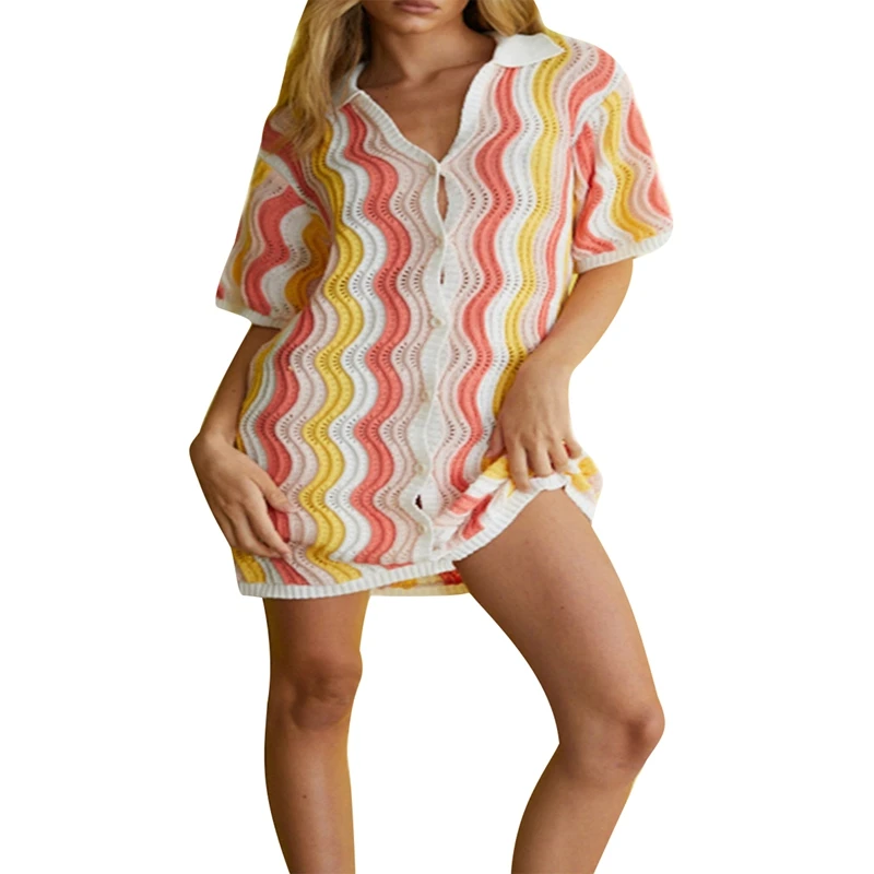 Vestido de pijama feminino de botão, listras onduladas, camisas de malha, decote em v, mangas curtas, roupas soltas, multicolorido, verão