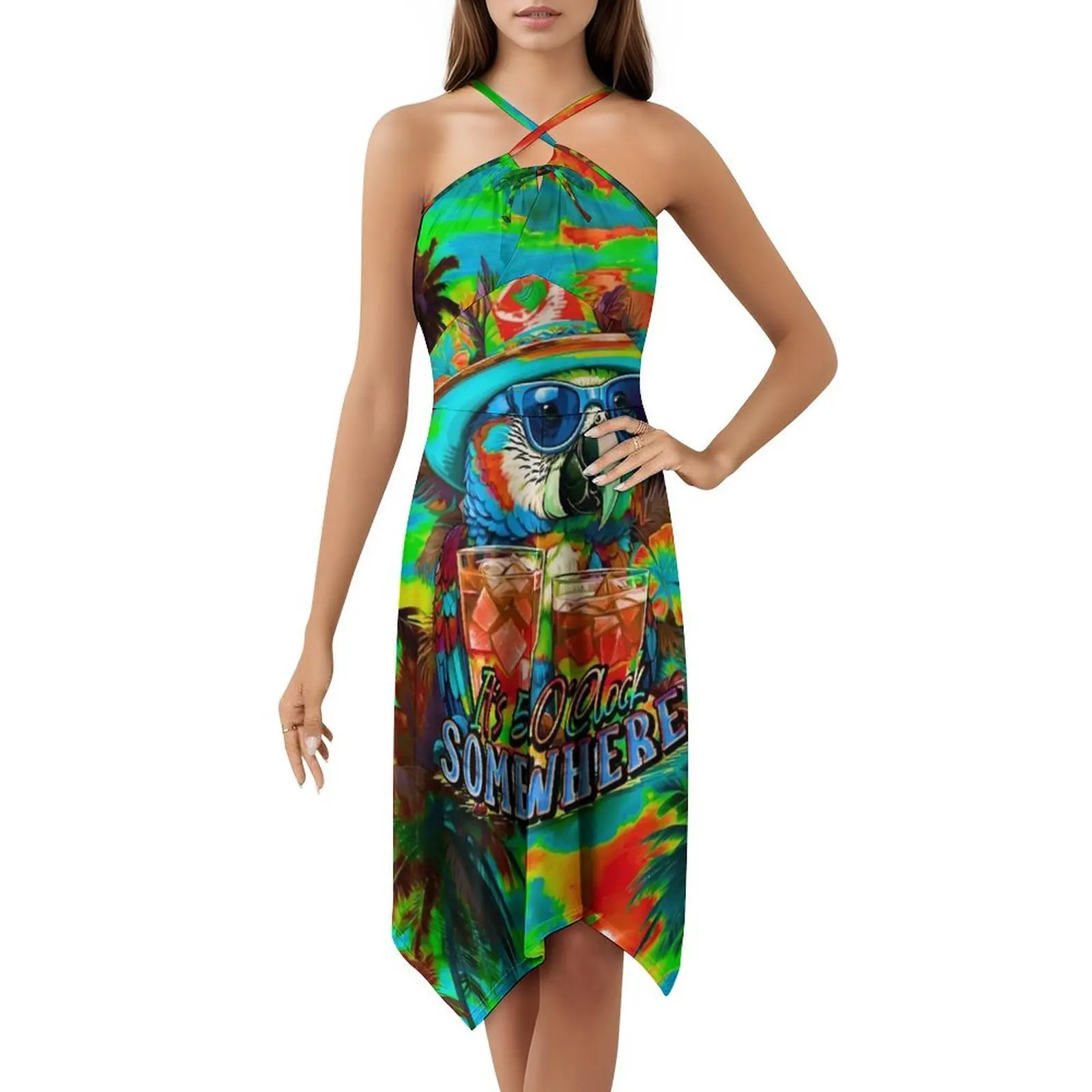 فستان It's 5 O'Clock Somewhere Tropical Parrot Cocktail مثير للإجازات للنساء على الشاطئ وحفلات أعياد الميلاد فستان قصير للشاطئ مضحك #5