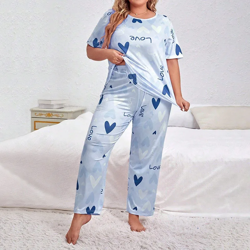 Oversized Faux Cotton Sleepwear O-neck T-shirt Pajamas For Women Short Sleeves Trousers Suit Large Size 5XL Loungewear Autumn