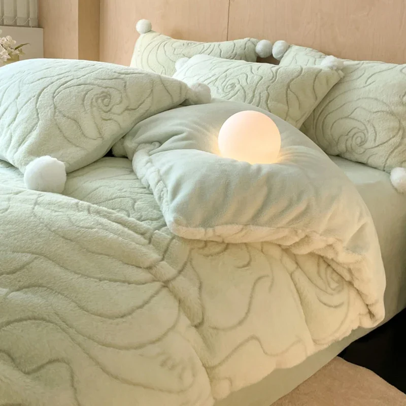 

Carved rabbit plush bed four-piece winter milk coral fleece