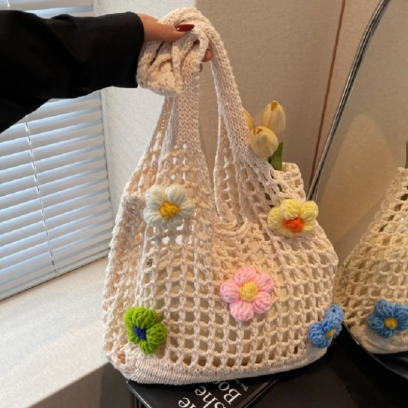 

Fabric Flowers Hollow Out Shoulder Bags Spring Retro Large Capacity 2025 Hot Sale Bags for Women New Commuting Women's Handbags