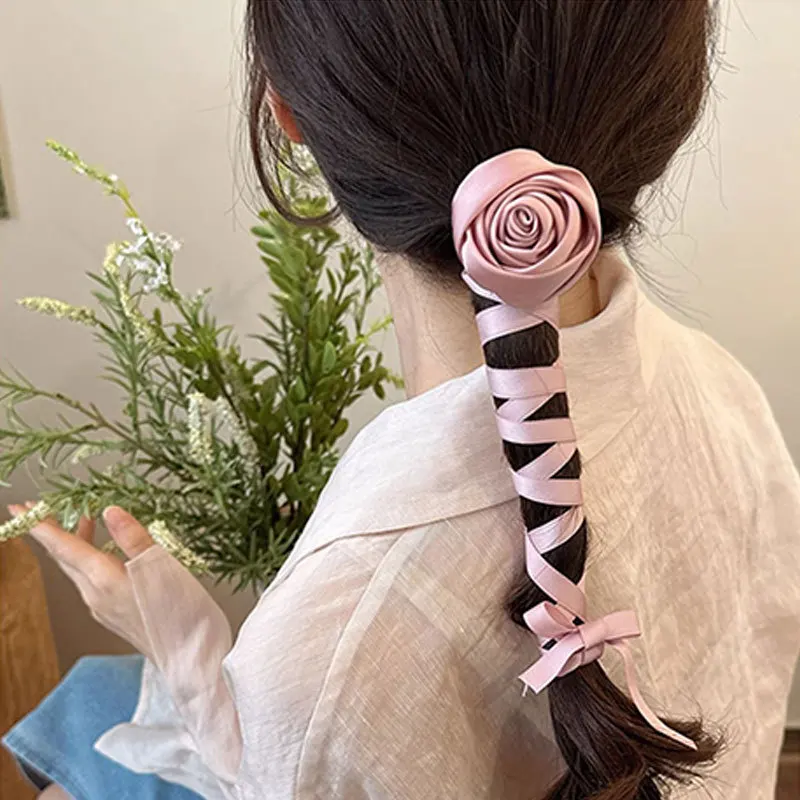 Romantic Vintage Satin Rose Flower Necklace for Women Long Ribbon Neck Strap Versatile Choker Chains Charm Jewelry Accessories