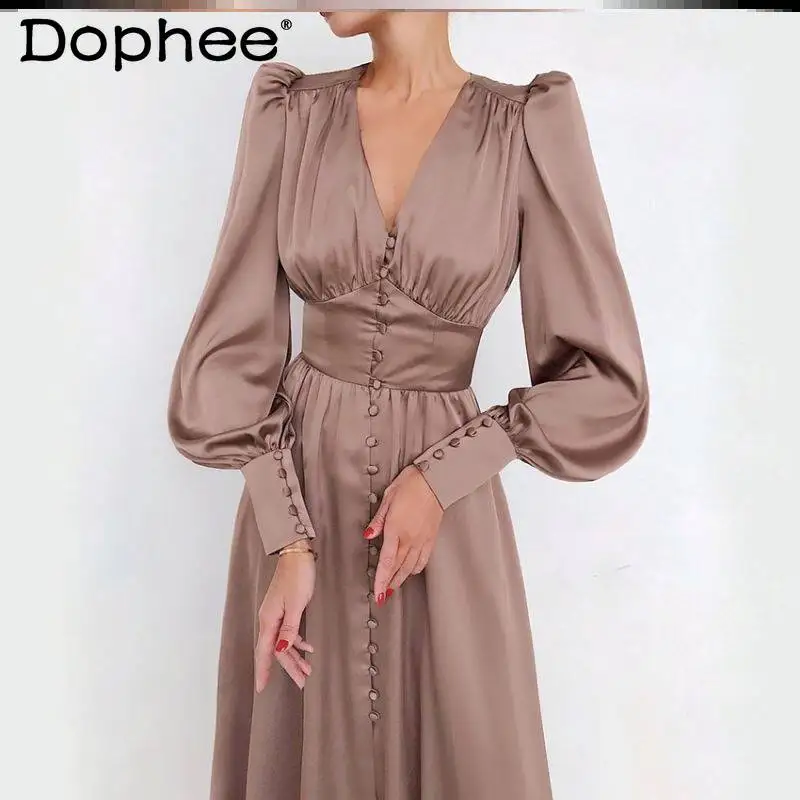 

Spring New Elegant Temperament Lantern Sleeve V-neck Dress Daily Commuting High-waisted Slimming Versatile Silk Long Dress