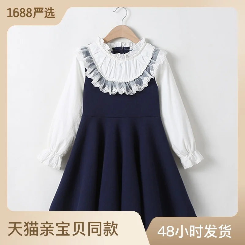 Spring and autumn Korean-style early education princess dress, 3-12 years old, sewed lace long dress, middle-aged children