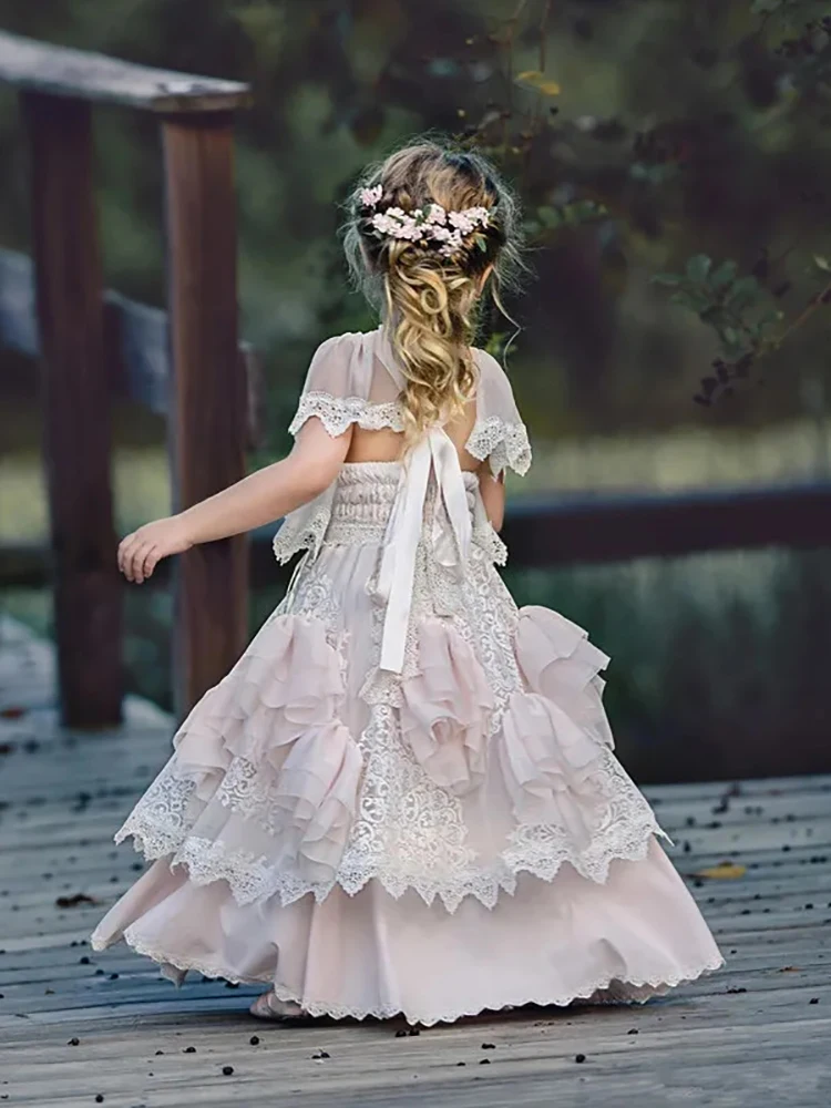 Vestido de flores de manga corta para niña, traje escalonado de encaje para boda, fiesta de primera comunión, graduación, vestidos para niñas